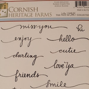 May include: A sheet of cling-mounted rubber stamps for acrylic blocks. The stamps feature cursive words and phrases such as "miss you", "enjoy", "darling", "friends", "hi", "hello", "cutie", "love ya", and "smile". The stamps are part of The Kim Hughes Collection.
