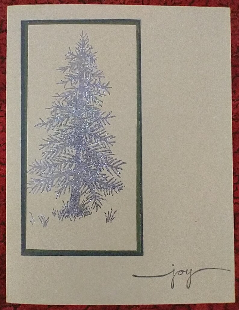 Hand Stamped Christmas Cards Tall Pine Tree Blue and Green Etsy