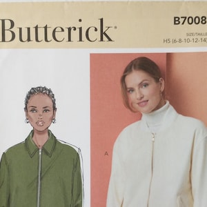 May include: A sewing pattern from Butterick, featuring illustrations of two jackets. The pattern includes a cream-colored bomber jacket with a zipper and a green jacket with a collar. The pattern number is B7008, with sizes H5 (6-8-10-12-14).