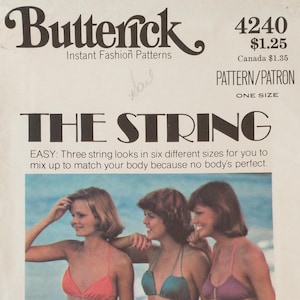 May include: Vintage Butterick sewing pattern for "The String" bikini. The pattern features a retro design with the text "THE STRING" and the number "4240". The image shows three women wearing the bikini in different colors.