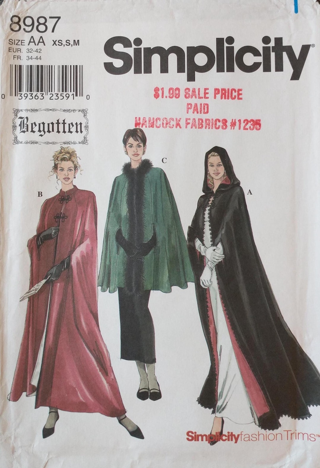 Vintage Cape Sewing Pattern: Simplicity 8987, XS-M, Uncut - Etsy