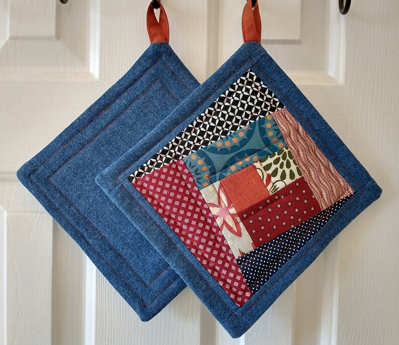 Set of Two Quilted Denim Pot Holders Crazy Log Cabin Etsy