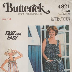 May include: A vintage Butterick sewing pattern, size 14, featuring a woman in a floral print dress. The pattern cover includes the text "FAST and EASY" and the brand name "Butterick". The pattern number is 4821.