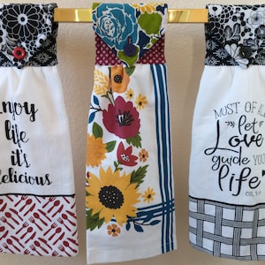 Handmade Hanging Kitchen Dish Towel, Quilted Fabric Hanger in Complementing Fabrics, Button Top, Vintage Button