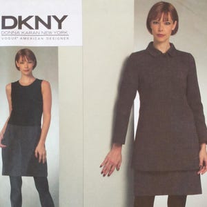 May include: A DKNY Vogue American Designer pattern features two images of a woman modeling a dark gray dress and a sleeveless top with a skirt. The DKNY logo is at the top left.