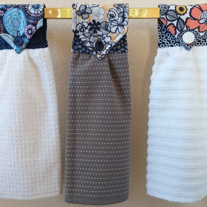 Handmade Hanging Kitchen Dish Towel, Quilted Fabric Hanger in Complementing Fabrics, Button Top, Vintage Button
