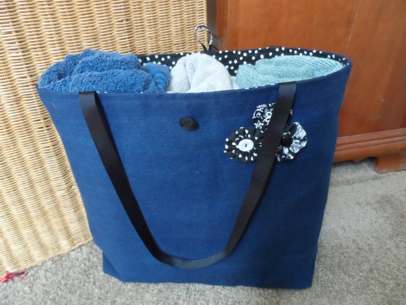 LARGE Denim Tote/embellished Bag/black White and Blue/interior