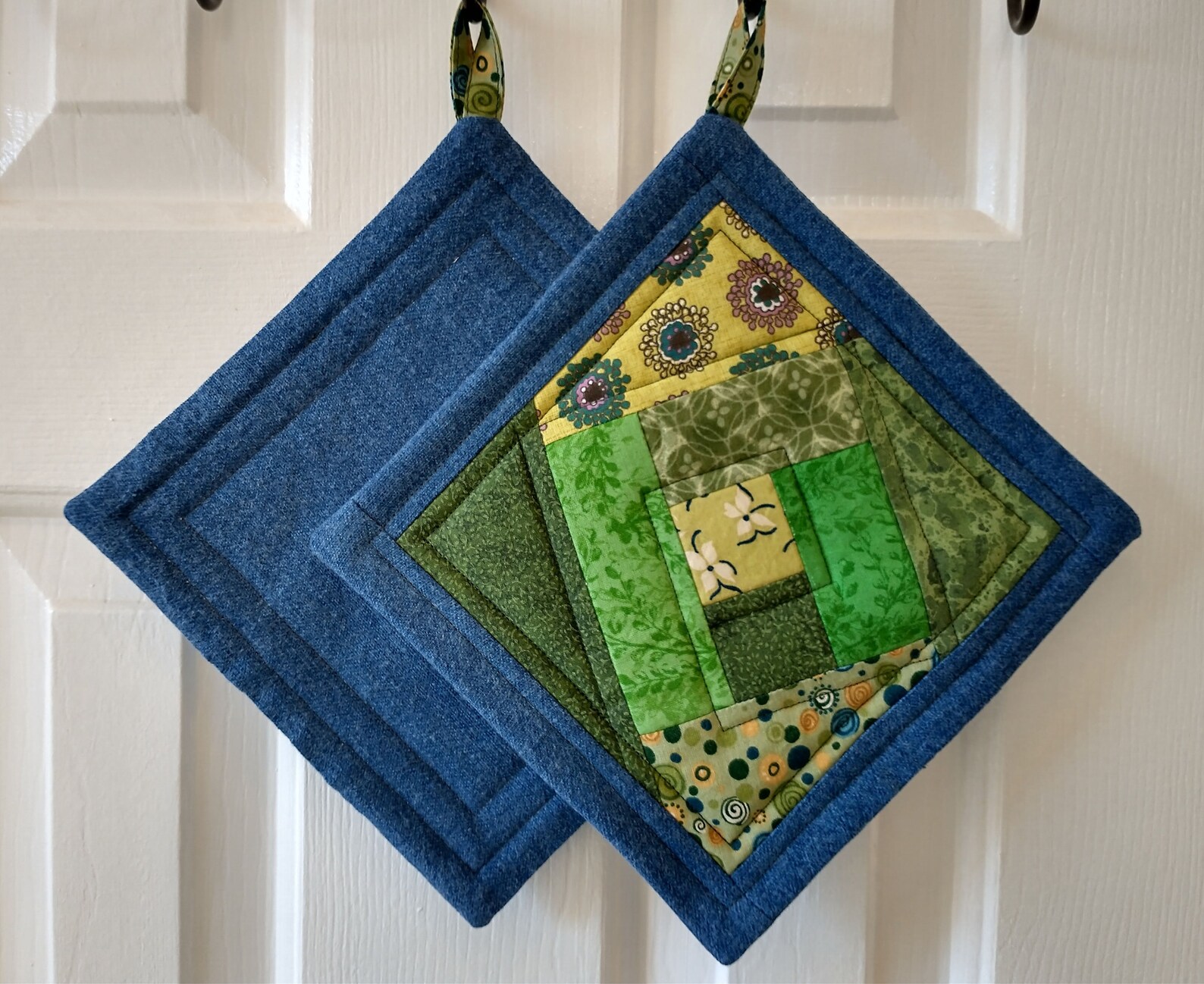 Set of Two Quilted Denim Pot Holders Crazy Log Cabin Etsy