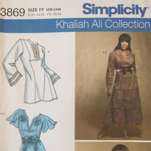 May include: Simplicity sewing pattern featuring the Khaliah Ali Collection. The pattern includes illustrations of a white tunic with bell sleeves, a blue top with flutter sleeves, and a long-sleeved dress with a belt. Size FF 18W-24W.
