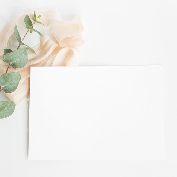 5x7 Wedding Invitation Mockup, Horizontal Card Eucalyptus Blush Ribbon Mock up, Menu Card Mockup, A7 Landscape Card Mockup, Smart Object PSD