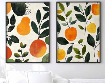 Set mit 2 abstrakten botanischen Obstdrucken, Bauernhaus-Obstgarten-Poster, Küchengarten-Wandkunst, Herbsternte-Äpfel und Birnenlebensmitteldekor