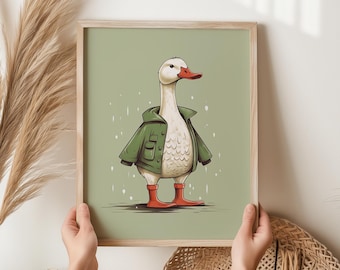 Quadro con oca sciocca, poster con oca carina, decorazione per cameretta verde salvia, stampa cottagecore con animali da fattoria, illustrazione per la stanza dei bambini, arredamento in stile rustico