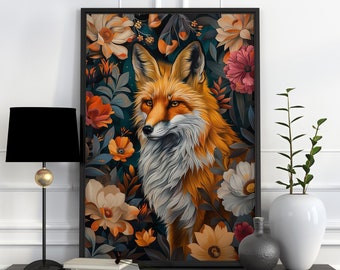 Dark Moody Fox Flower Print, Cottagecore Aesthetic Animal Gallery Wall Art, Bold Vintage Botanical Poster, Enchanting Floral Academia Decor