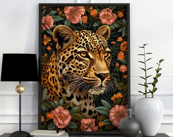 Dark Moody Leopard Flower Print, Cottagecore Jungle Animal Gallery Wall Art, Bold Vintage Botanical Poster, Enchanting Floral Academia Decor