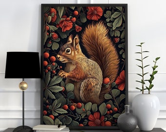 Squirrel Woodland Flower Print, Dark Cottagecore Aesthetic Animal Wall Art, Bold Vintage Botanical Poster, Enchanting Floral Academia Decor