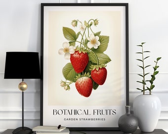 Stampa artistica botanica di fragole, poster vintage di fragole, decorazione murale per cucina in stile rustico, arredamento estivo cottagecore, stampa di cibo retrò