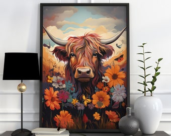 Dark Moody Highland Cow Flower Print, Cottagecore Aesthetic Animal Wall Art, Bold Vintage Botanical Poster, Enchanting Floral Academia Decor