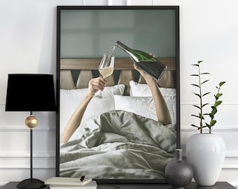 Woman Drinking Wine in Bed Feminist Poster Print, Funny Bedroom Decor, Alcohol Bar Cart Teen Girls Room Decor, Wine Glass Cocktail Art Print