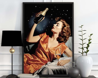 Woman Drinking Wine in Bed Print, Funny Retro 50s Bedroom Poster, Vintage Housewife Feminist Wall Art, Alcohol Bar Cart Girls Room Decor