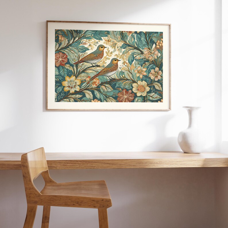 May include: A framed print of a vintage botanical illustration featuring two birds perched on branches with intricate floral details in shades of green, yellow, and orange.