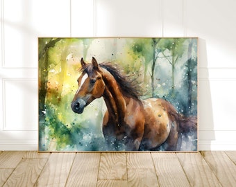 Pintura de caballos en acuarela, lámina de animales de granja, decoración rústica estilo campestre, póster de animales, arte para la pared del salón, regalo para amantes de la naturaleza y los caballos.