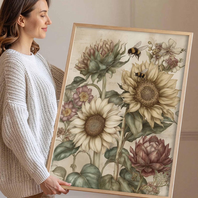 Puede incluir: Una impresi&oacute;n floral enmarcada con girasoles, otras flores y abejas. La obra de arte tiene una est&eacute;tica vintage con colores suaves, incluyendo crema, amarillo y verdes apagados. El marco de madera complementa el tema natural de la obra.