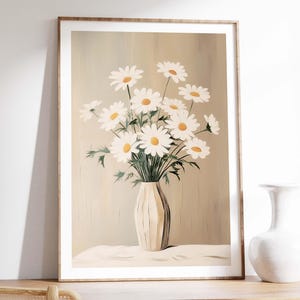 Impresión artística botánica vintage con margaritas en un jarrón, póster rústico con jarrón de flores, arte de pared para decoración de cocina de estilo rústico, pintura original con margaritas