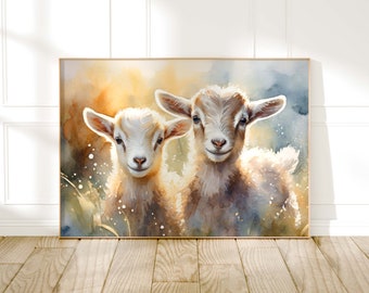 Pintura de cabra en acuarela, lámina de animales de granja, decoración rústica estilo campestre, arte original para la pared del salón, decoración natural para el hogar, regalos de granja