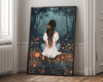 Enchanted Woodland Wildflower Wall Art, Whimsical Boho Girl Print, Mystical Midnight Decor, Cottagecore Art Gifts For Daughter Girls Bedroom