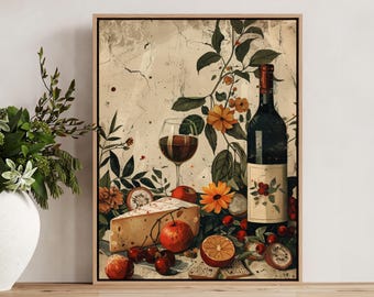 Dinner Party Cheese And Wine Print, Vintage Food Poster, Tablescape Kitchen Decor, Food Illustration Wall Art, Retro Gifts for Chef Foodie