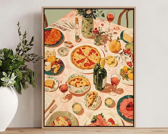 Retro Dinner Table Cute Food Print, Vintage Ephemera Kitchen Poster, Tablescape Food Illustration Wall Art, Cooking Gift for Chef Foodie