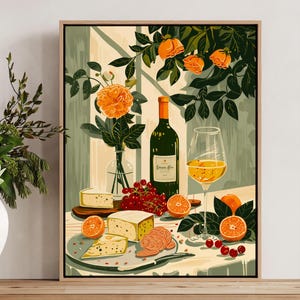 Retro Dinner Table Food Print, Vintage Mediterranean Food Poster, Tablescape Kitchen Decor, Food Illustration Wall Art, Gift for Chef Foodie