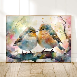 Birds Watercolour Painting, Colourful Bird Print, Cottagecore Farmhouse Decor, Original Living Room Wall Art, Nature Home Decor Gift For Her