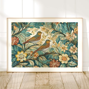 Stampa di uccelli in stile William Morris, arte botanica vintage, decorazione floreale vintage, grande arte murale per soggiorno con fiori vintage, poster di mostre