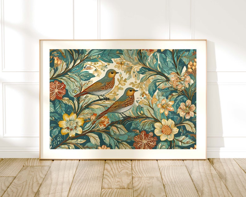 May include: A framed print of a vintage botanical illustration featuring two birds perched on leafy branches with intricate floral details in shades of green, blue, and yellow.