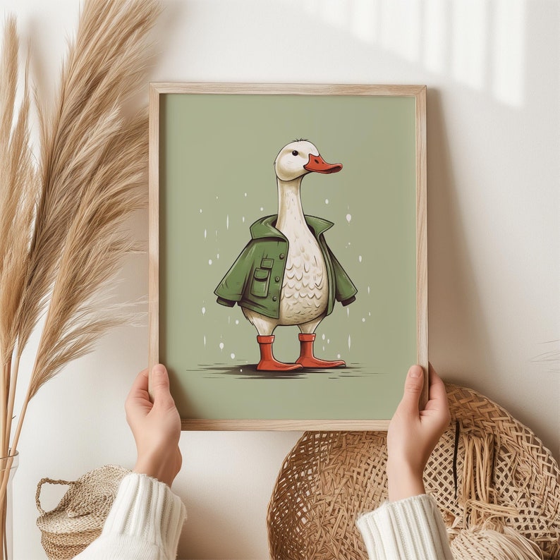 May include: A white goose wearing a green jacket with red boots. The goose is standing on a green background with white rain-like markings.