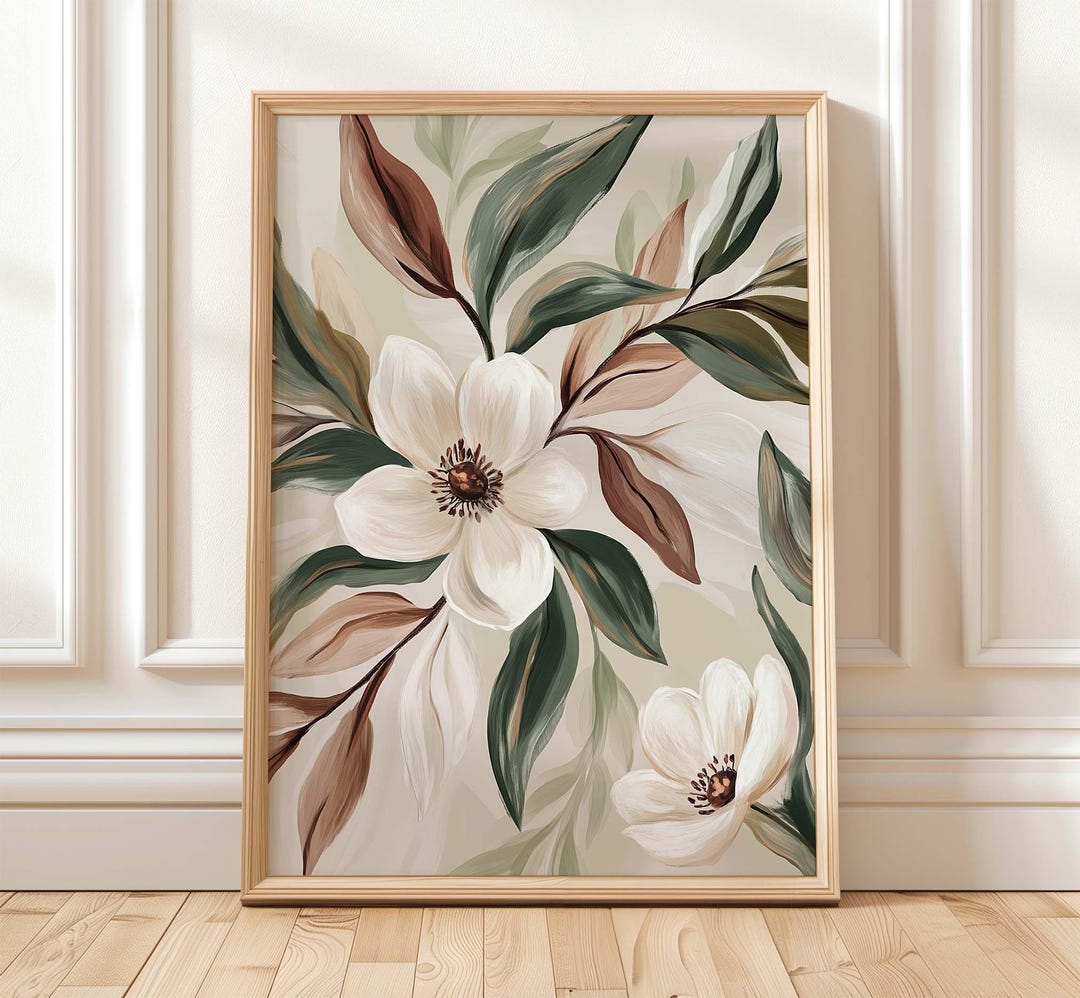Neutral Botanical Flower Wall Art, Modern Beige Contemporary Art Print ...