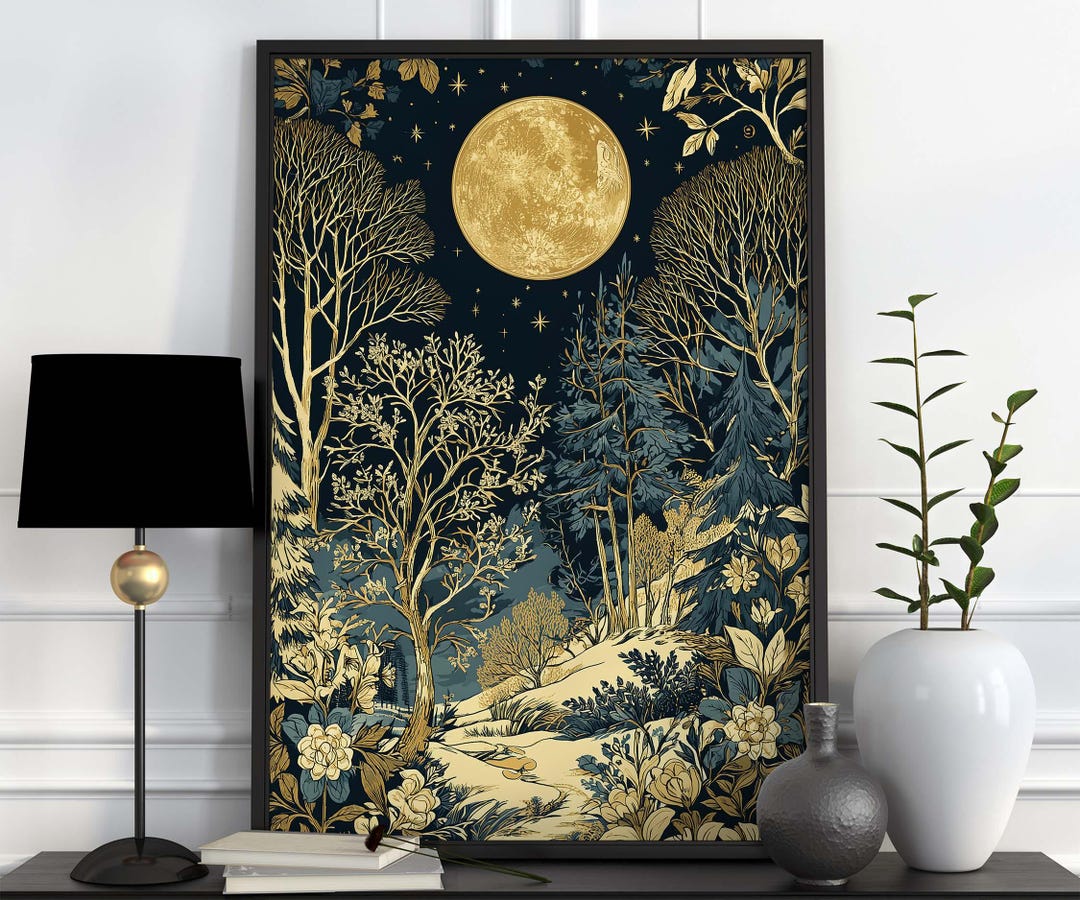 Moon and Stars Print, William Morris Inspired Print, Celestial Full ...