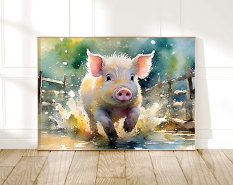 Pig Watercolour Painting, Farm Animals Print, Cottagecore Farmhouse Decor, Animal Poster, Living Room Wall Art, Nature Lover Farming Gifts
