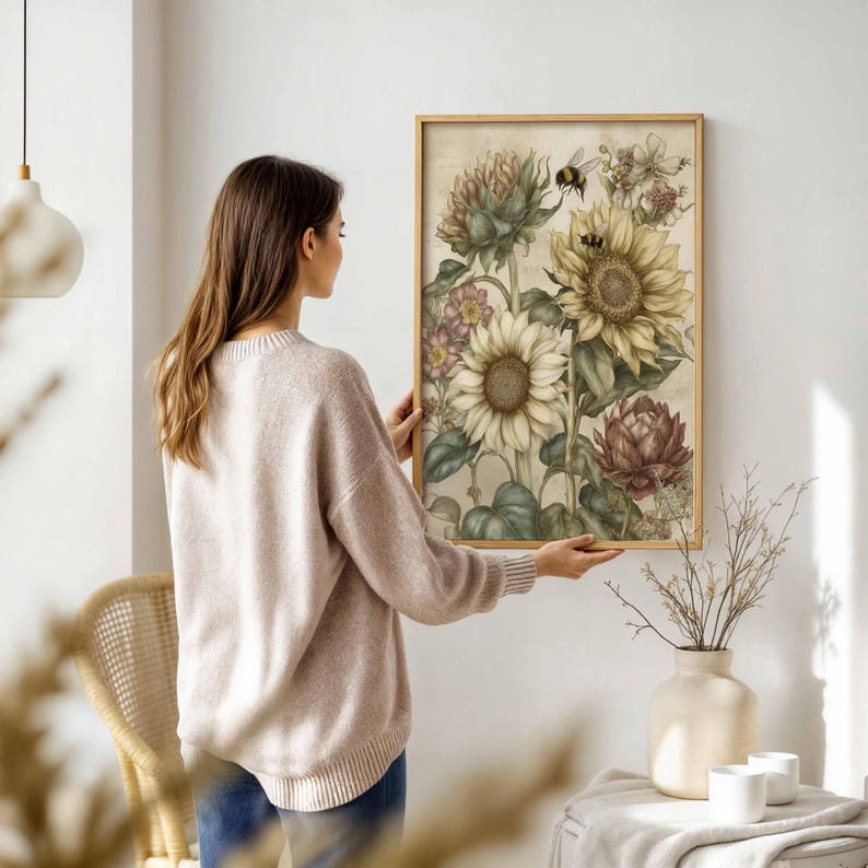 Puede incluir: Un estampado bot&aacute;nico enmarcado con girasoles, abejas y otras flores en tonos amarillos, verdes y marrones. La obra de arte tiene una est&eacute;tica vintage y est&aacute; sostenida por una persona.