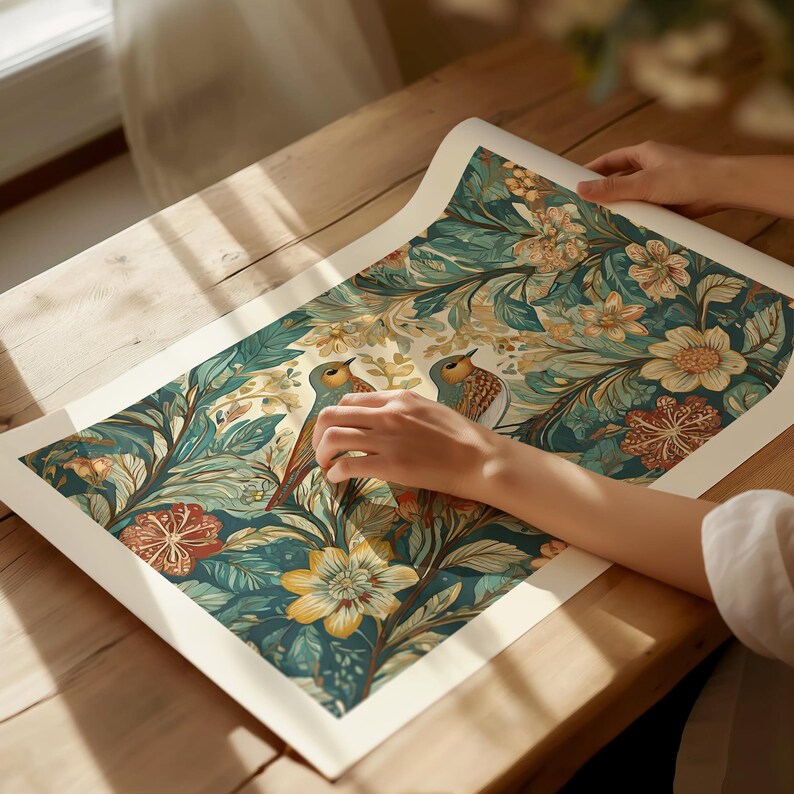 May include: A white canvas print with a teal, green, and gold floral pattern. Two birds with brown, yellow, and blue accents are perched on branches in the center of the print.
