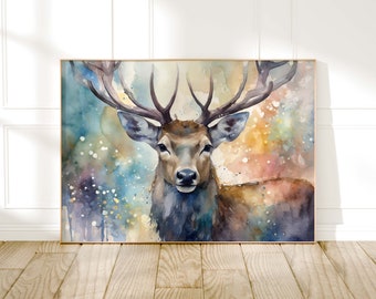 Stag Watercolour Painting, Wildlife Animal Print, Cottagecore Farmhouse Decor, Original Living Room Wall Art, Nature Home Decor Gift For Him