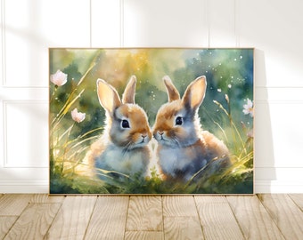 Kaninchen Aquarell Gemälde, Tierdruck, Cottagecore Bauernhaus Galerie Wandkunst, Wildtiere Kaninchendrucke für Kinder, Wohndekor-Kaninchengeschenke