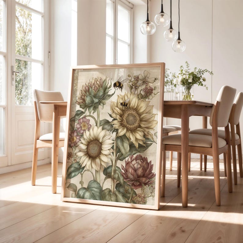 Puede incluir: Un estampado bot&aacute;nico enmarcado con girasoles, abejas y otras flores en tonos amarillos, verdes y morados. La obra de arte se exhibe en un marco de madera clara, en un comedor.