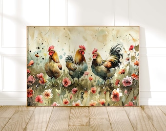 Chickens Watercolour Birds And Wildflowers Print, Cottagecore Farmhouse Home Decor, Country Kitchen Rustic Nature Art, Unique Gifts For Her