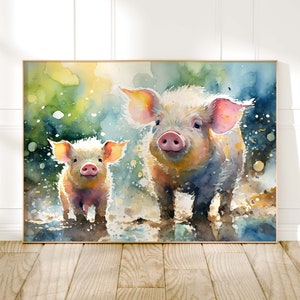 Schweine Aquarell Gemälde, Bauernhof Tiere Druck, Cottagecore Bauernhaus Dekor, Tier Poster, Wohnzimmer Wandkunst, Naturliebhaber Geschenke