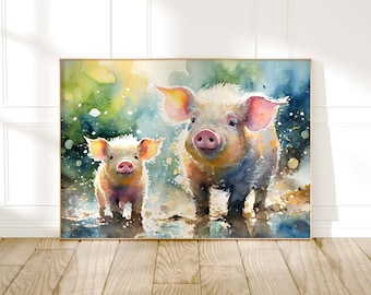 Pigs Watercolour Painting, Farm Animals Print, Cottagecore Farmhouse Decor, Animal Poster, Living Room Wall Art, Nature Lover Farming Gifts