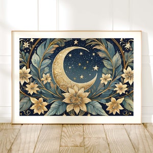 Moon And Stars William Morris Style Print, Celestial Wall Decor, Vintage Botanical Moon Art Print, Living Room Wall Art, Exhibition Poster