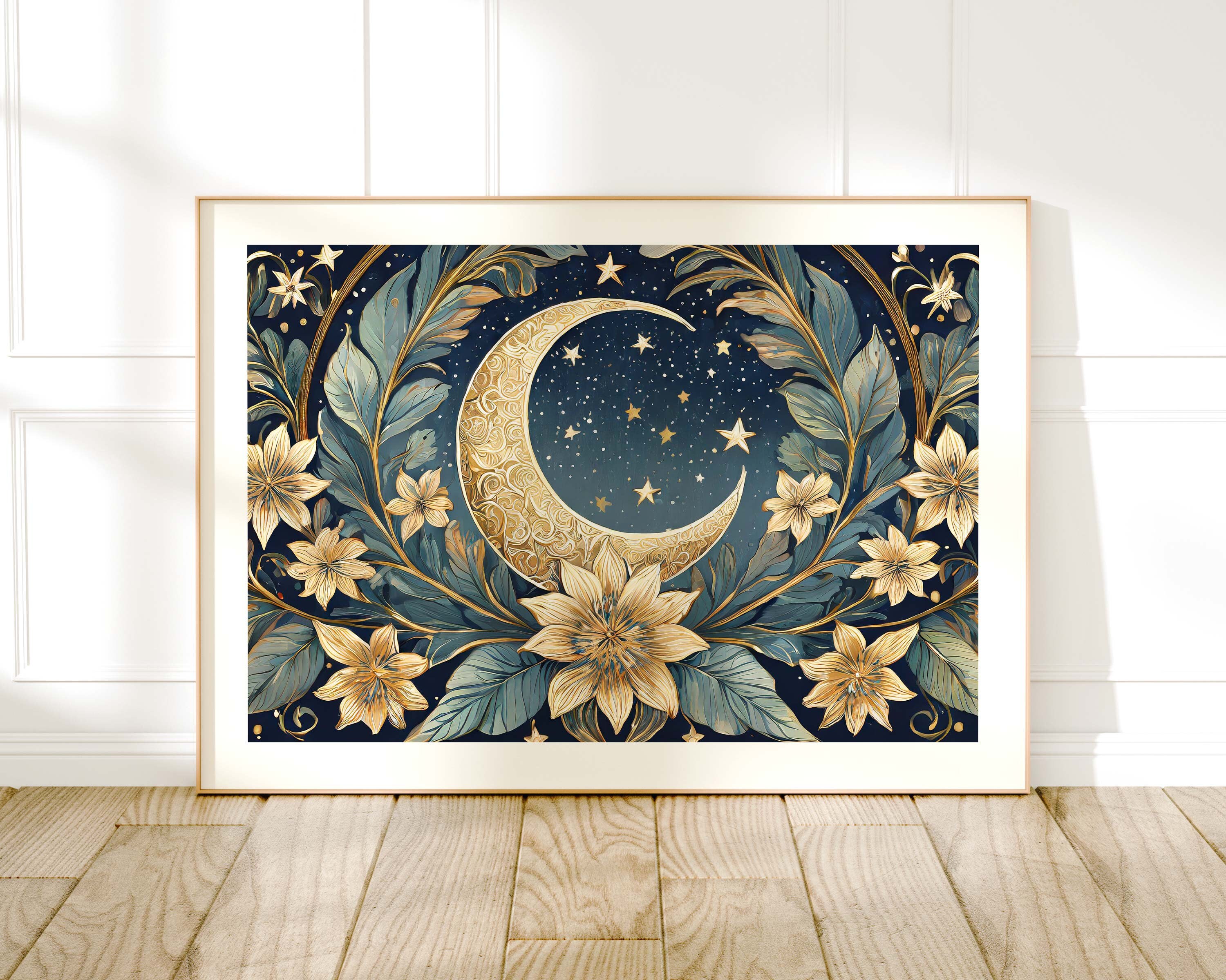 Moon and Stars William Morris Style Print, Celestial Wall Decor ...