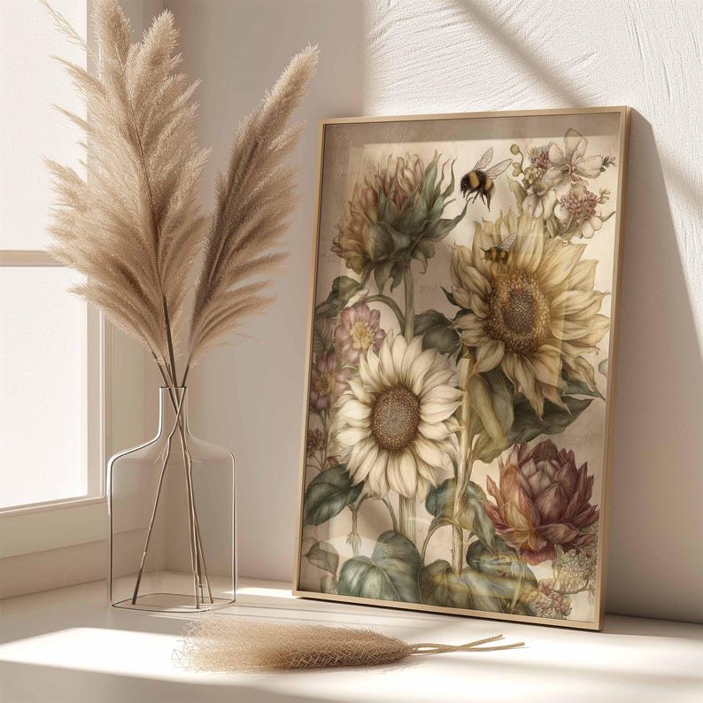 Puede incluir: Una impresi&oacute;n bot&aacute;nica enmarcada con girasoles, otras flores y una abeja. La obra de arte tiene una est&eacute;tica vintage con colores suaves y un marco dorado. Un jarr&oacute;n de cristal transparente con hierba de la pampa est&aacute; junto a la impresi&oacute;n enmarcada.